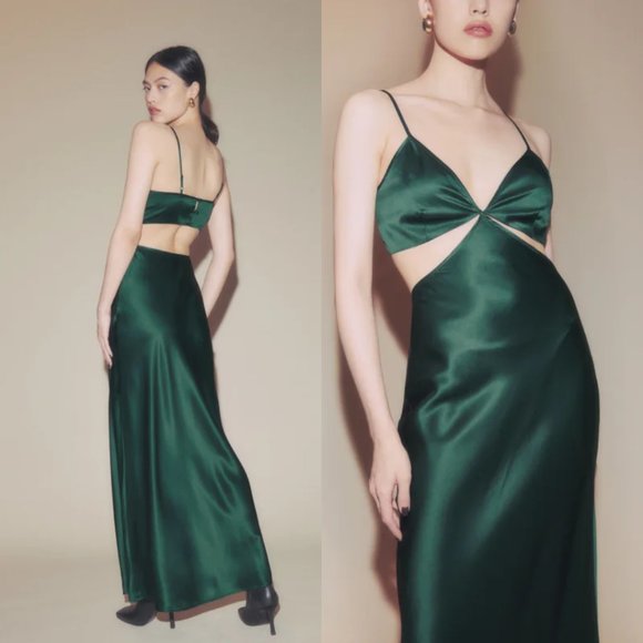 Reformation Dresses & Skirts - NWT Reformation Poppies Maxi Silk Dress Sz 0 Forest Green Deep V-neck Cut-out